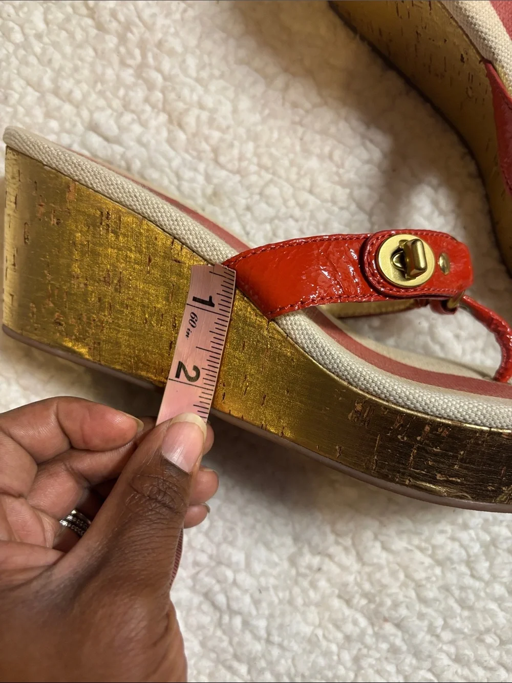 Coach Turnlock Striped Wedge Thong Sandals Orange Red White Gold 8.5